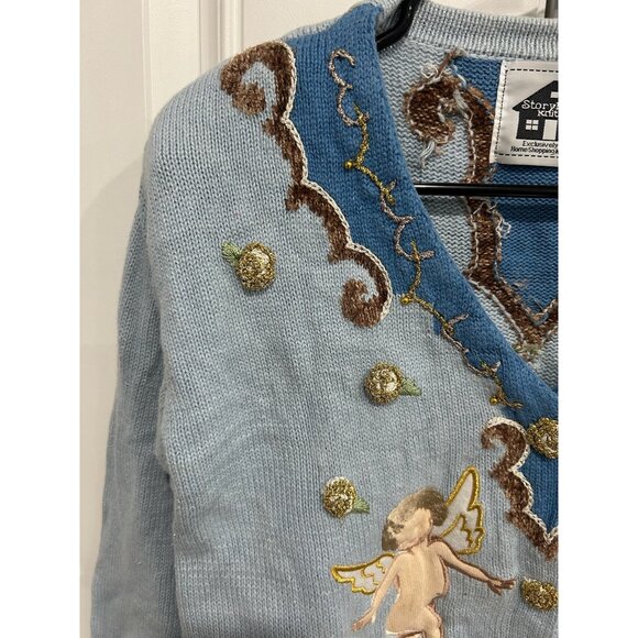 Vintage Storybook Knits Angels Cardigan Sweater Blue Size Medium Heaven Cozy - Picture 5 of 10